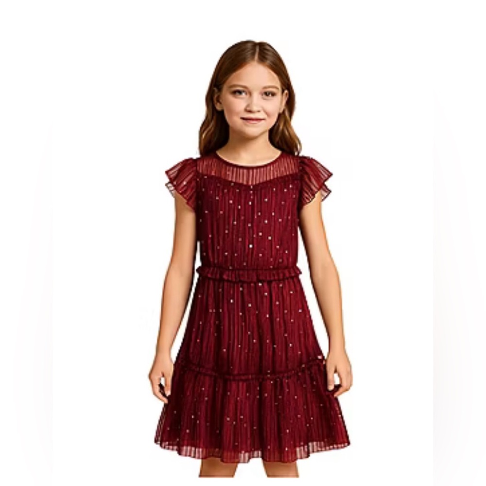 lilt Girls' Burgundy Ruffled Dot-Accent Tiered Dress